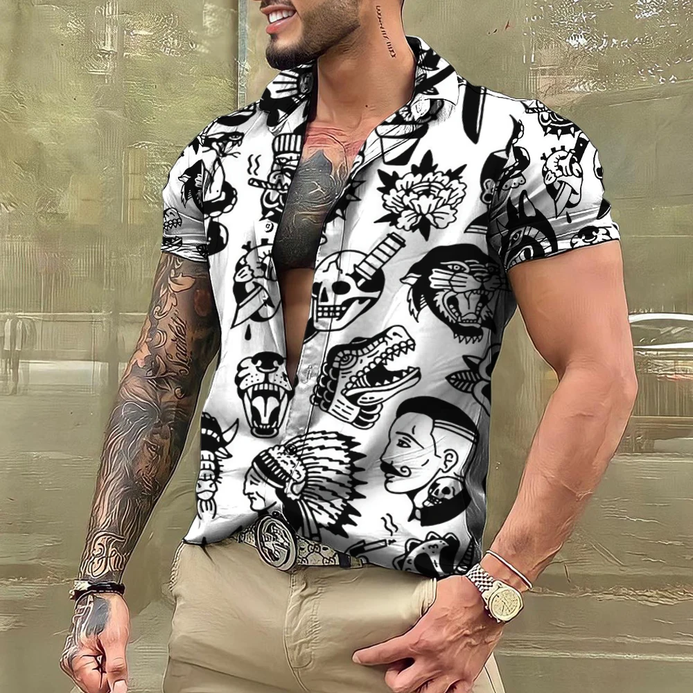 Summer Tattoo Shirt Hawaiian Shirts For Men Brand Short Sleeve Tops Tees Casual Men\'s Blouse Fashion Camisas De Hombre Clothing