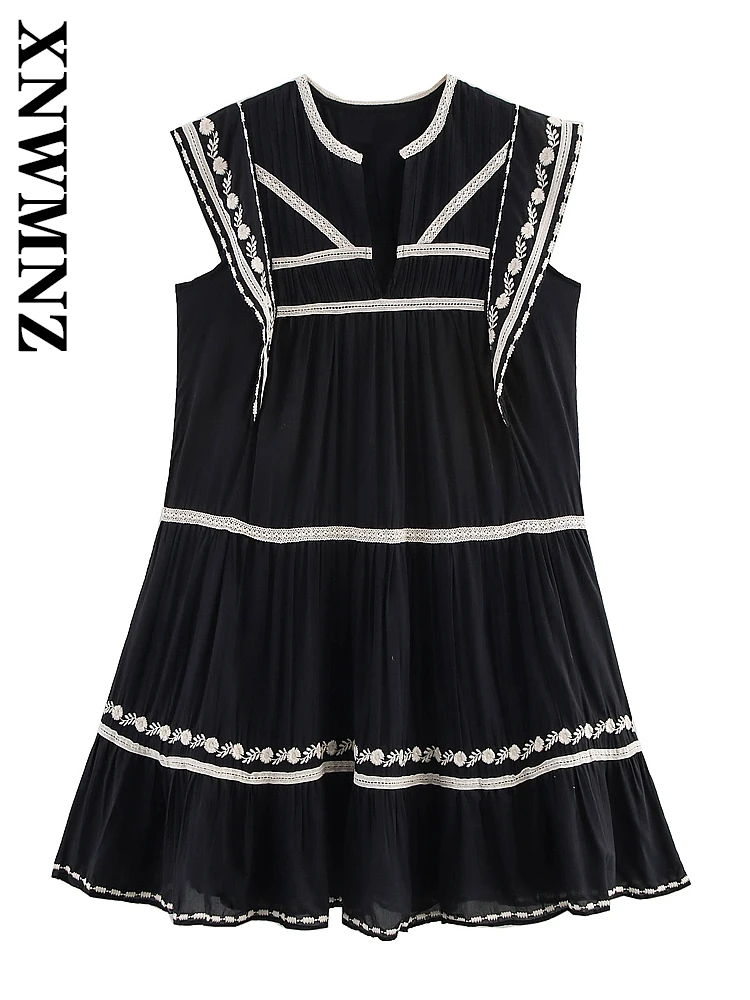 

XNWMNZ 2025 Summer New Woman's Streetwear Sleeveless Mini Skirt Dress Hipster Lady V-Collar Top embroidery Regular Fit Dresses