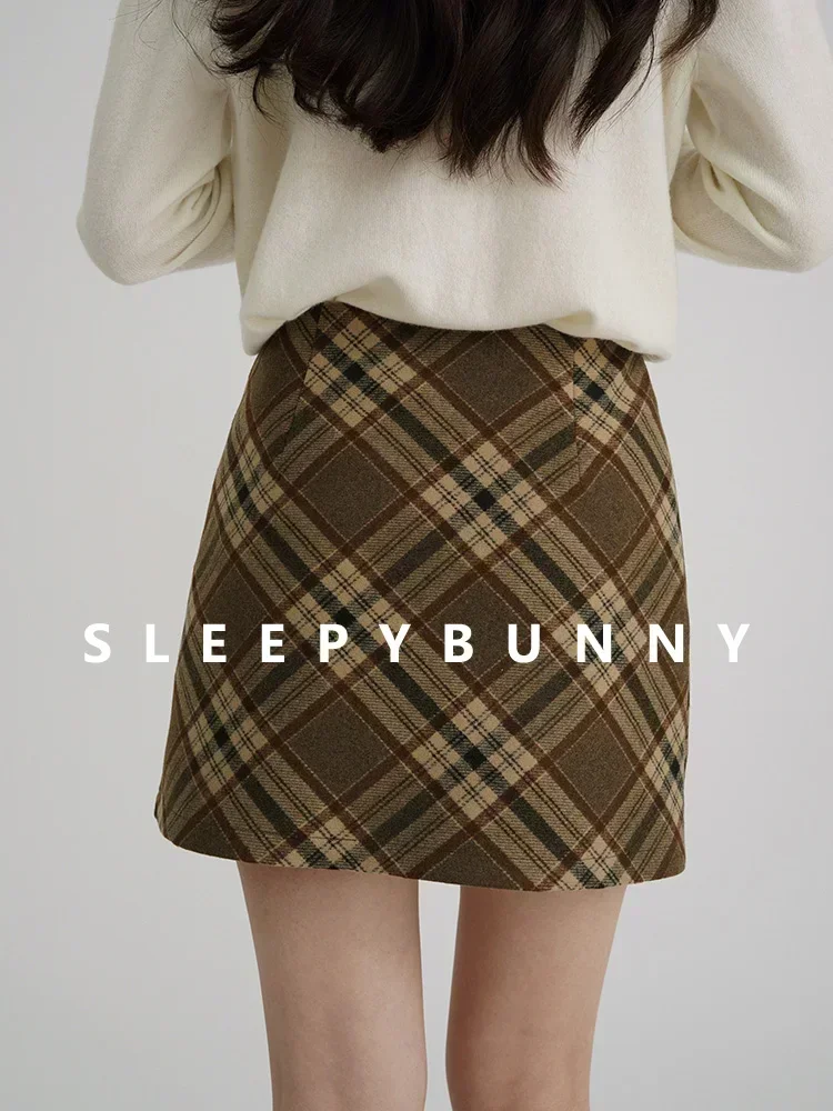 Autumn Winter Women Plaid Wool-Like Skirt High-Waisted Slim Fit Retro American Style Pencil Midi Skirt Elegant and Chic Bottom
