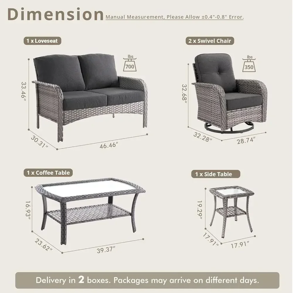 5-Piece Outdoor Patio Furniture Set with Swivel Rocker Chairs, Loveseat, Sofa, and Rattan Coffee Table, Ideal for Backyard, Porc