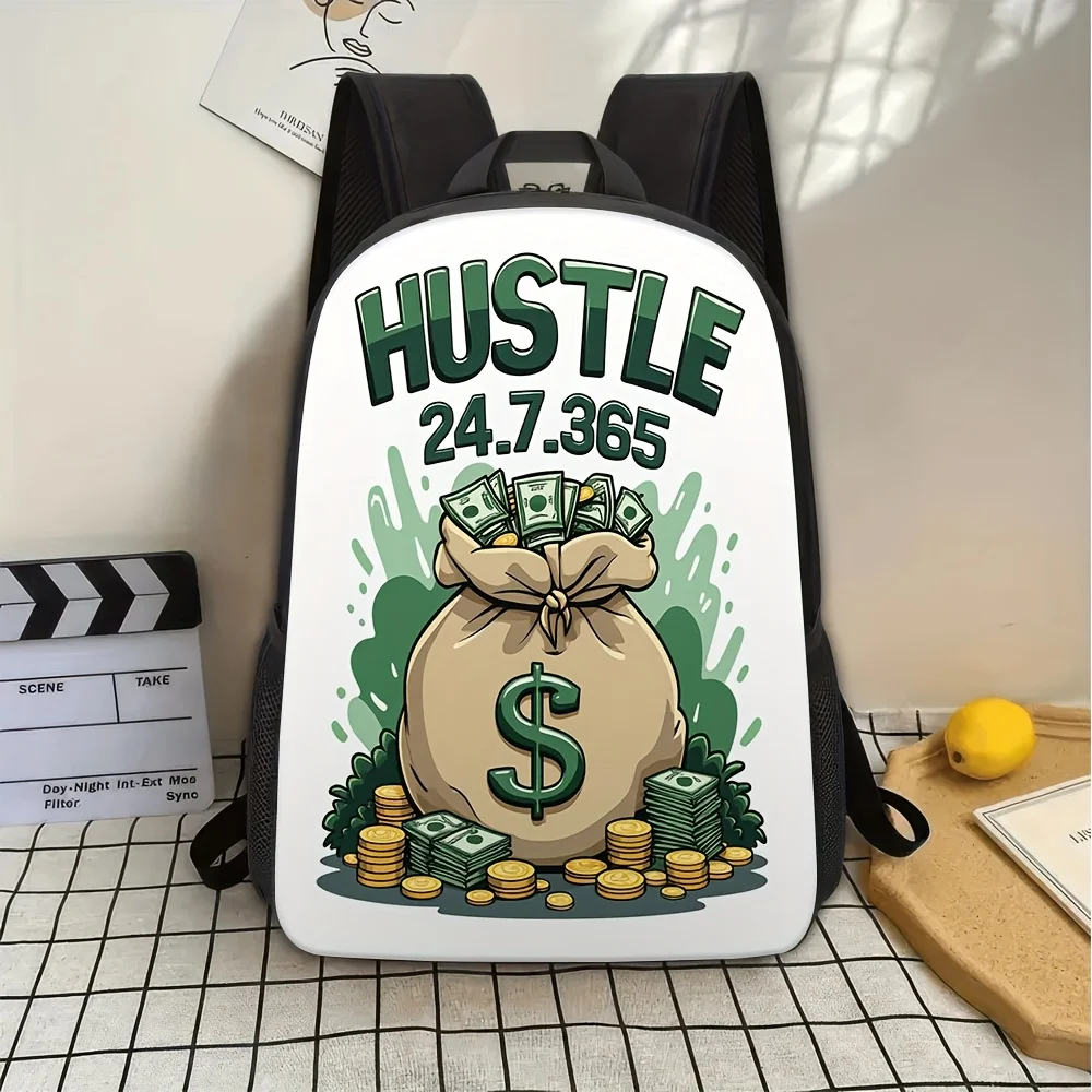 

A 2D flat print HUSTLE backpack, fashionable camouflage print design, suitable for modern men and women, 2D flat style