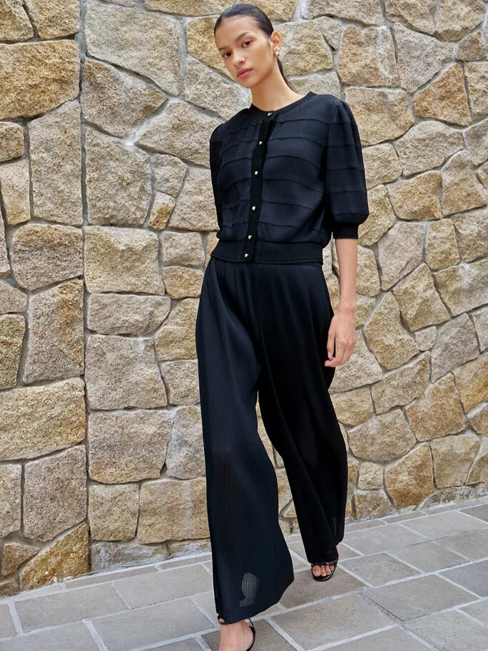 MICOAT Comfortable Cool Mid-Sleeve Open Cardigan Wide Leg Pants Pleated French Style Women's Short Coat Polyester Fiber Thin ...