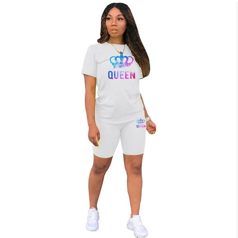 Womens Colored Queen Printing Tracksuit Fashion Casual T-Shirt +Shorts 2 Piece Set Luxury Jogging Outfit Summer Travel ShortSuit