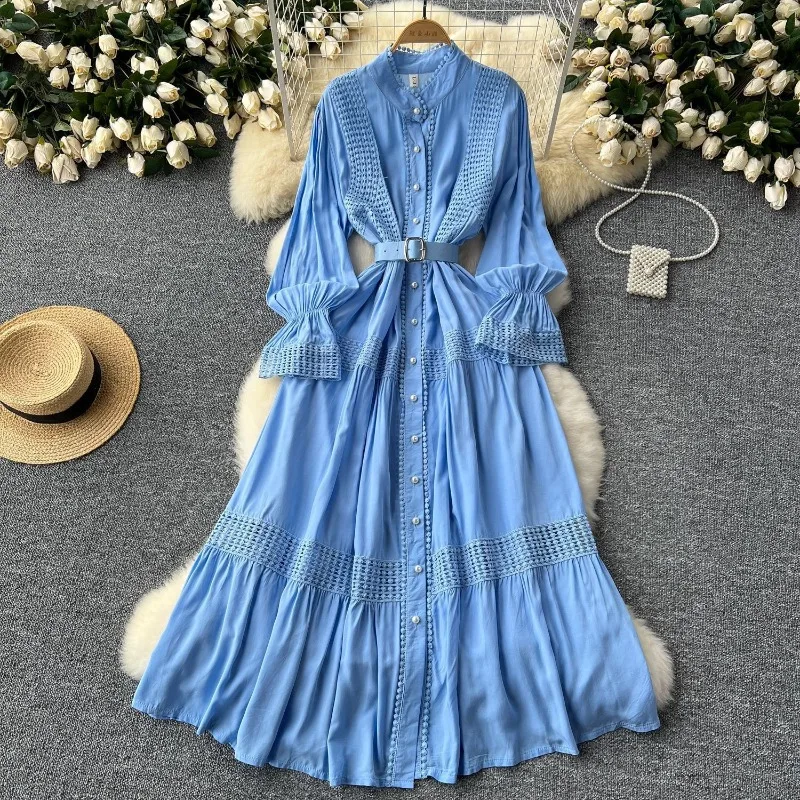 Franse Hof Retro Elegante Jurk Dames Opstaande Kraag, Hoornmouwen, Taille Single-breasted Kant Splitsing, Nieuw, Grote Swing Jurk