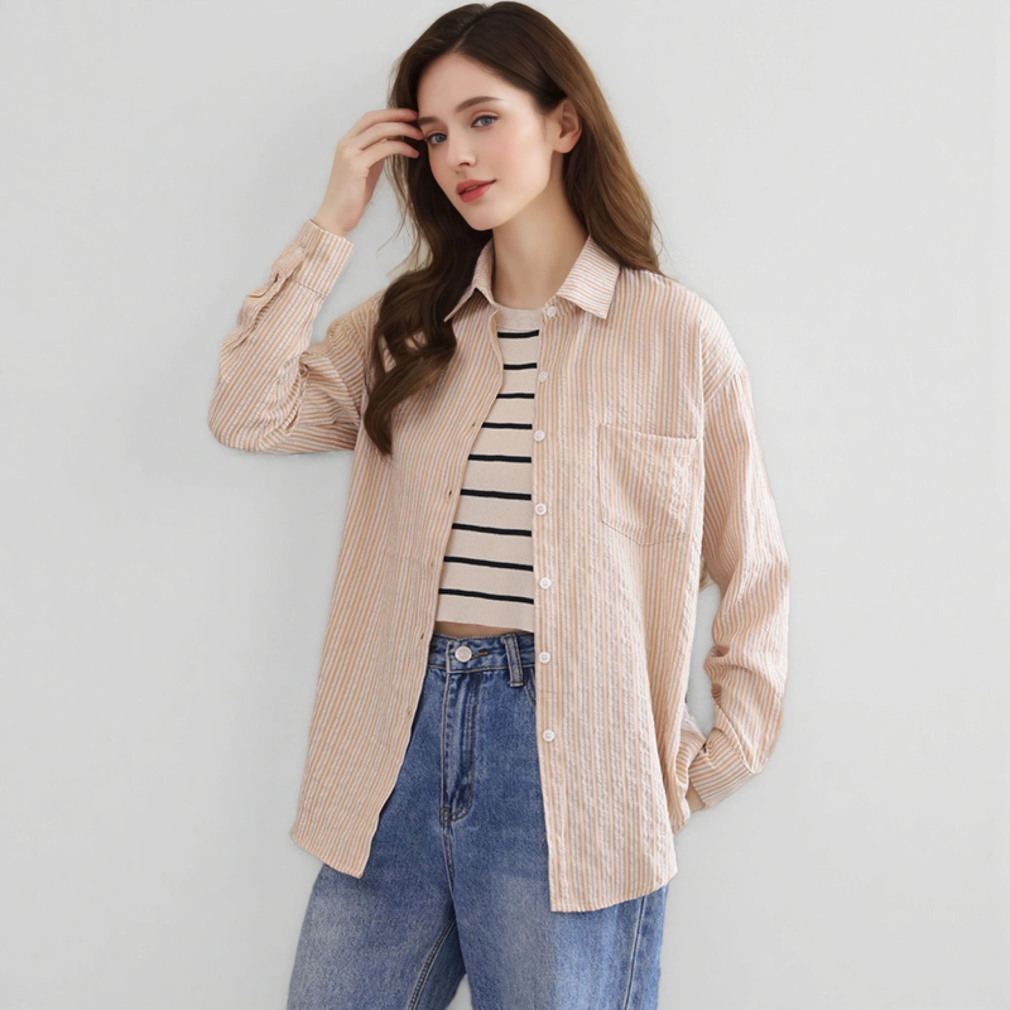 2025 تصميم جديد رائع أزرق أسود مخطط قميص المرأة عادية كم طويل بلوزة قطن وبلوزات سيدة مكتب قمصان الملابس