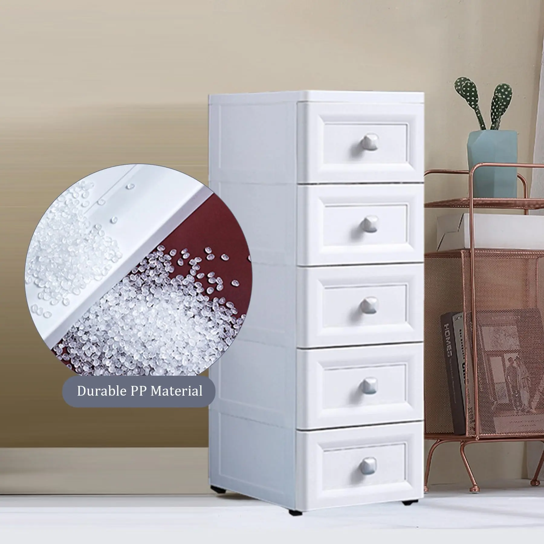 Keranjang Penyimpanan 5-, Lemari Plastik Sempit dengan Laci dengan Pegangan Persegi, Kabinet Lantai Kamar Mandi Ramping untuk Ruang Kecil, Kamar Tidur,