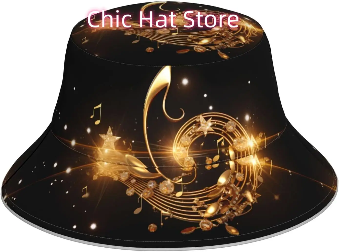 Gold Musical Note with Shiny Star Prints Reflective Bucket Hat for Men and Women - Protection Headwear for Outdoor Activities