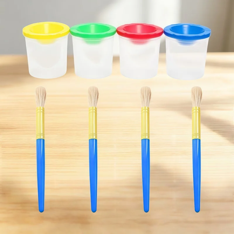 8Pcs Spill-Proof Brush Washer with Lid & Hog Bristle Brushes Set, Paint Cleaning Bucket for Art Class & Beginners