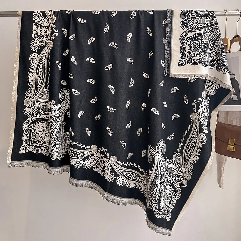 Neue Damenmode Faux Kaschmir Winter Pashmina Vintage Print Quasten Dicke Warme Zweiseitige Schal Outdoor Schals Wraps Foulard – Detail 2