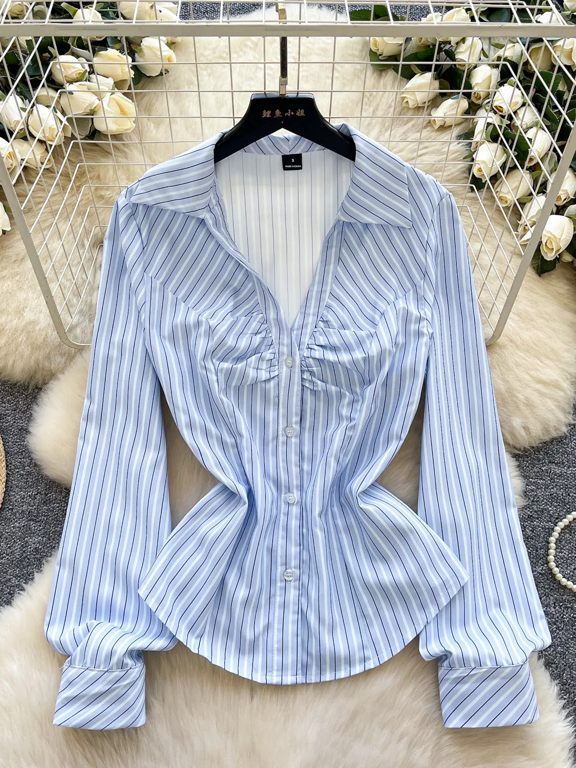 

Women Blue Striped Shirts Blouses Y2k Vintage 2000s Korean Style Elegant Long Sleeve V-Neck Shirt For Women Clothes Spring 2026