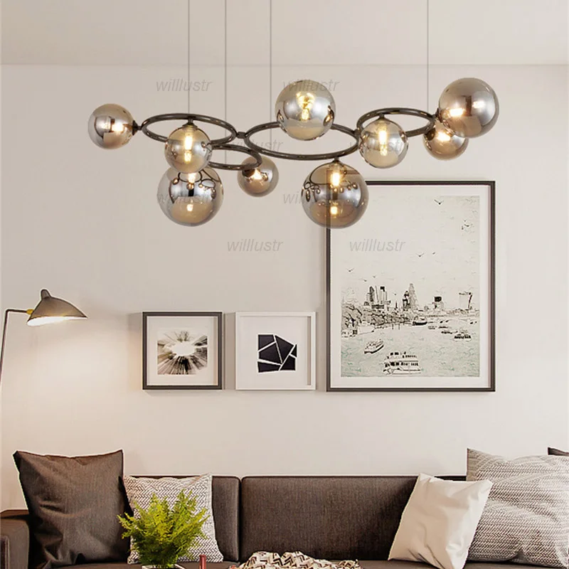 Metal Ring Pendant Lamp with Amber Smoke Glass Ball for Hotel Cafe Bedroom Black Copper Iron Suspension Ceiling Chandelier