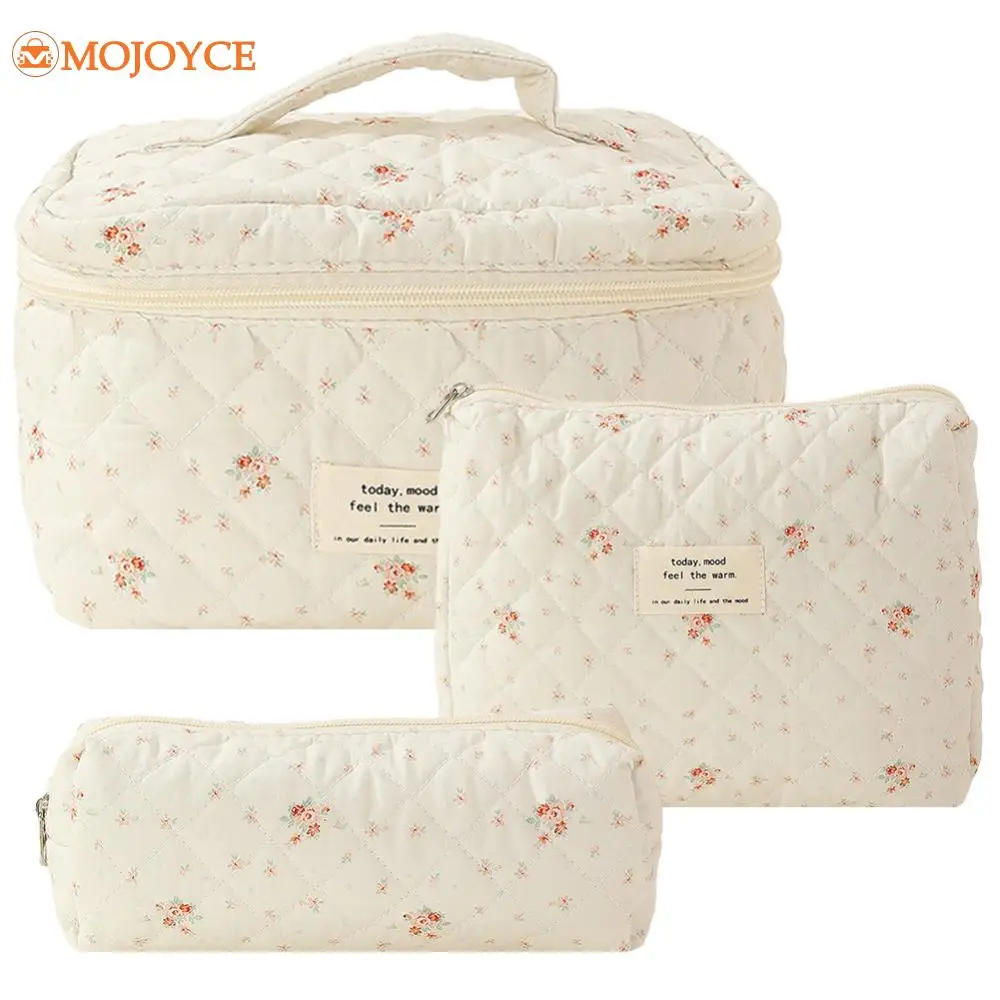 3pcs/set Ladies Quilted Cotton Storage Bag Aesthetic Printed Makeup Bag Women\'s Large Capacity Toiletry Organizer Cosmetic Pouch