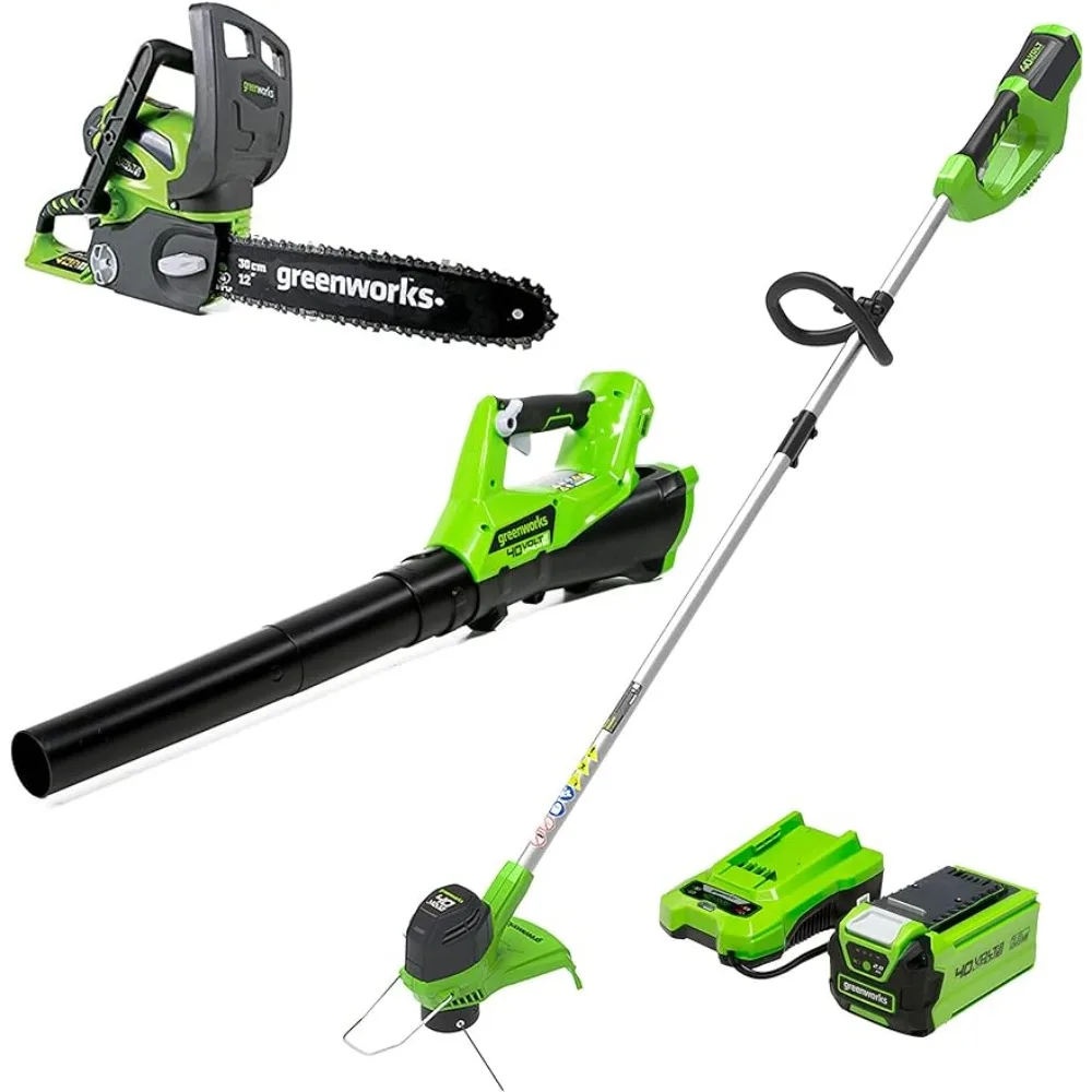 

Greenworks 12-Inch 40V Cordless Chainsaw, Battery Not Included 20292 with 40V Cordless String Trimmer & Blower Combo Pack