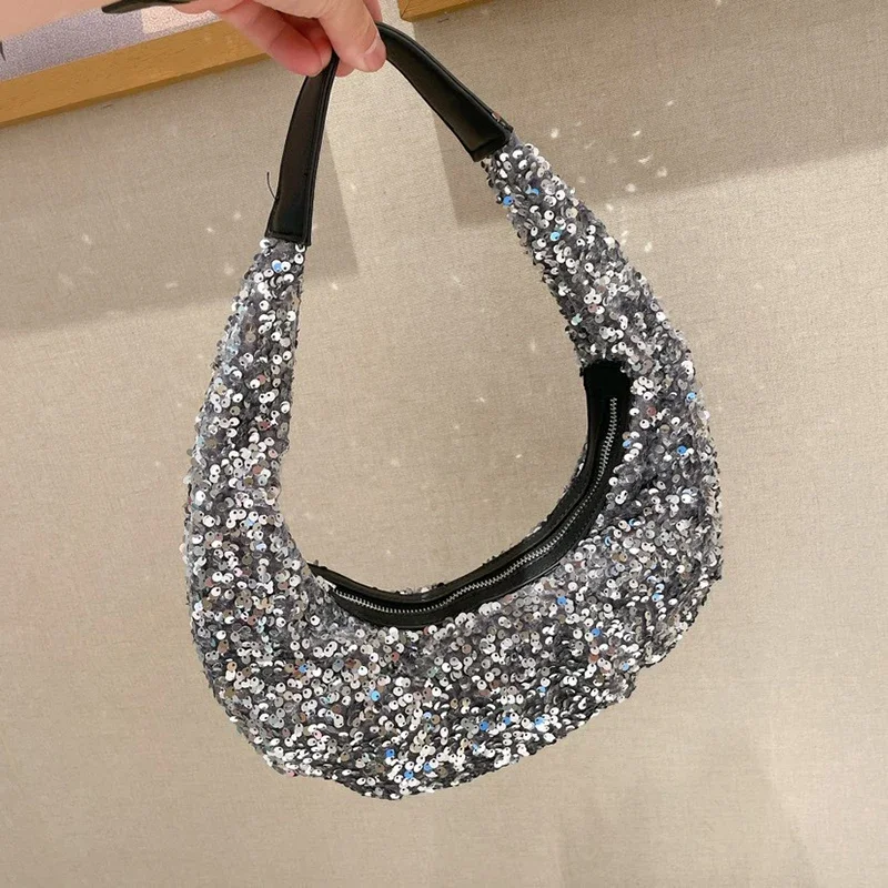 Bolso de mano de lujo con diamantes de imitación para mujer, bolsa de mensajero con lentejuelas Retro, media luna, Shiney, bolsos de diseñador para fiesta de noche