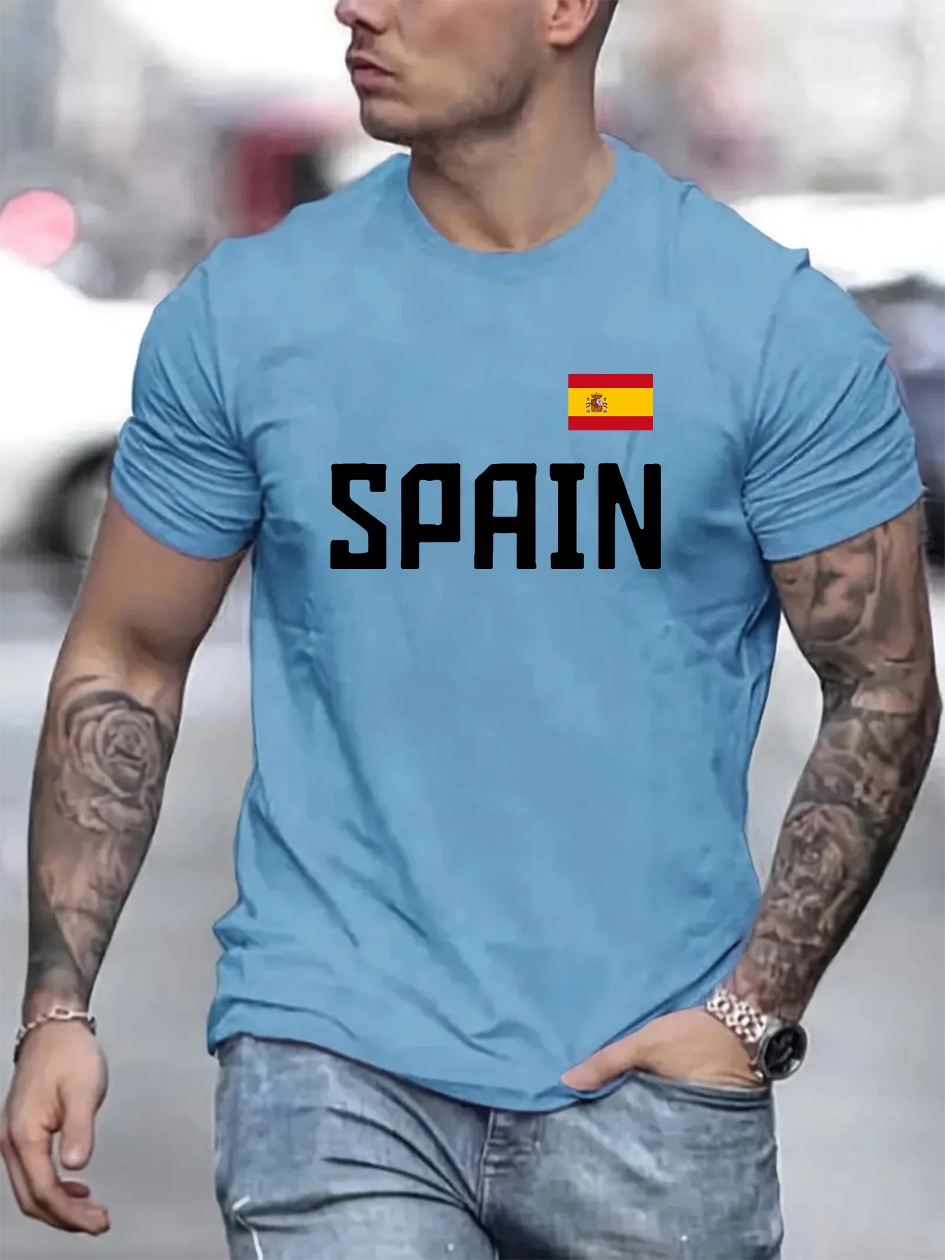 Spain Flag Printed Men's T-shirt Short Sleeved Casual Top Tee O Neck Sport Outdoor Pullover Streetwear Male Oversized Clothing image 5