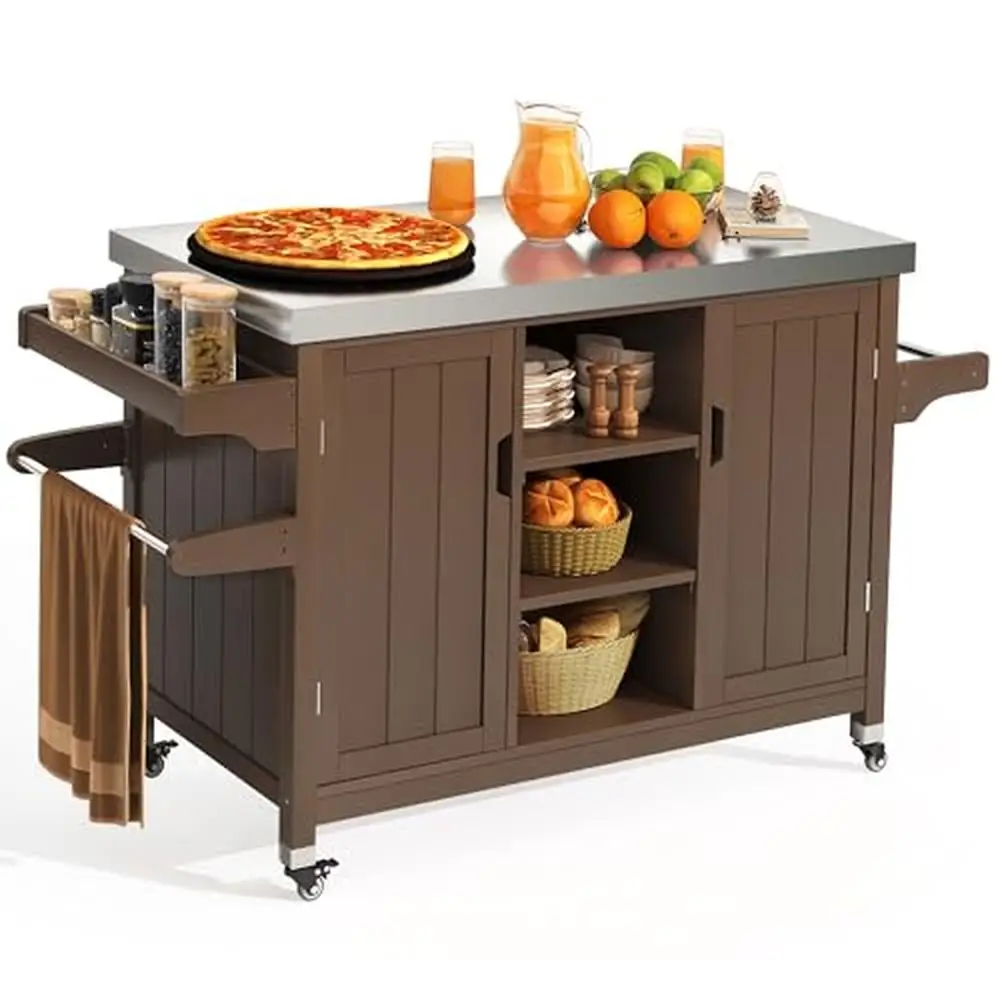 

Solid Wood BBQ Grill Cart Outdoor Storage Cabinet Stainless Steel Table Spice Rack Patio Bar Table Side Handle 3-Tier Shelves