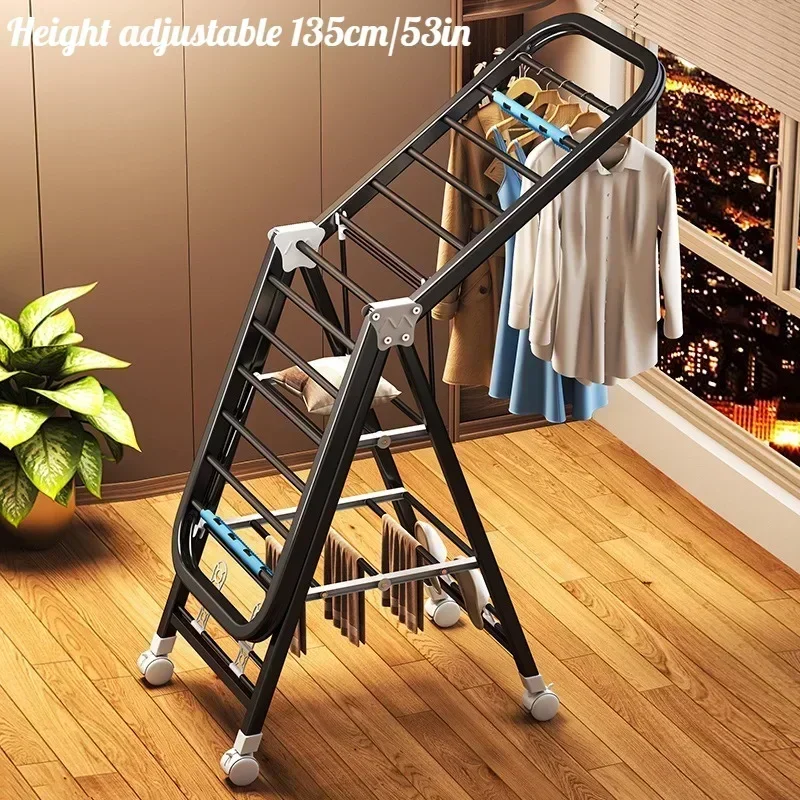 3-tier Foldable Clothes Drying Rack, Height Adjustable Movable Laundry Rack, Stainless Steel Hanger Dryer for Indoor Balcony