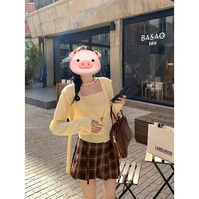 

Женская одежда, весенне-осенний модный простой однотонный кардиган с v-образным вырезом, тонкий вязаный слинг, комплект из двух предметов, кардиган