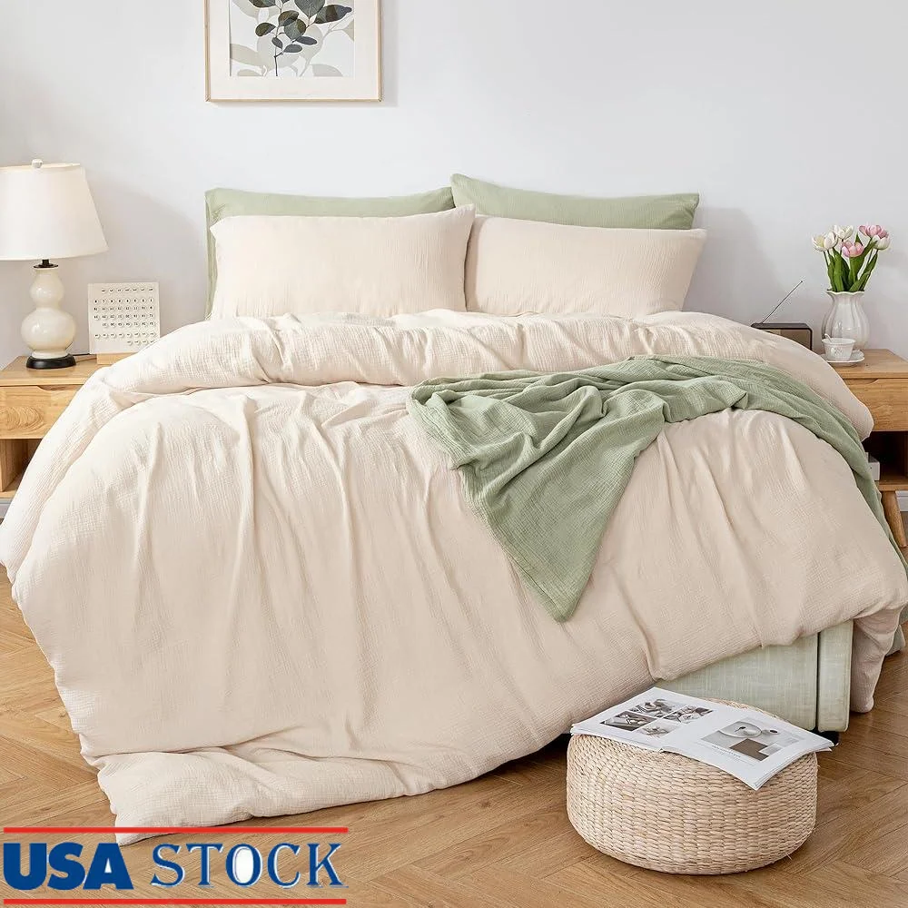 

Muslin Duvet Cover Set 100% Cotton Double Layer Breathable Lightweight Comforter Cover with Double Zipper Closure 3 Pieces