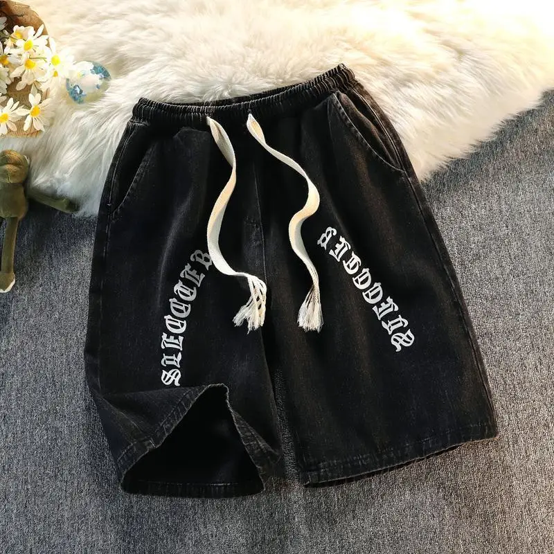 American Retro Sanskrit Printed Denim Shorts Men's Summer Fashion Brand New Loose Versatile Casual Mid pants Men's