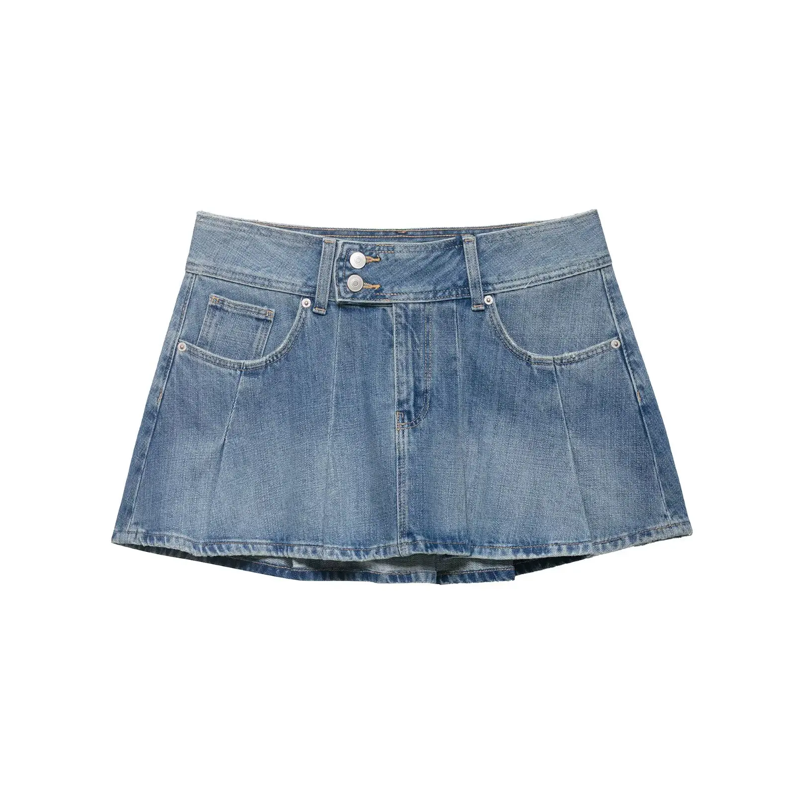 

WOMAN 2026 Summer New Fashion Pleated Denim Mini Skirt Vintage Zipper Fly Side pocket All-match Casual Chic Female Skirts Mujer