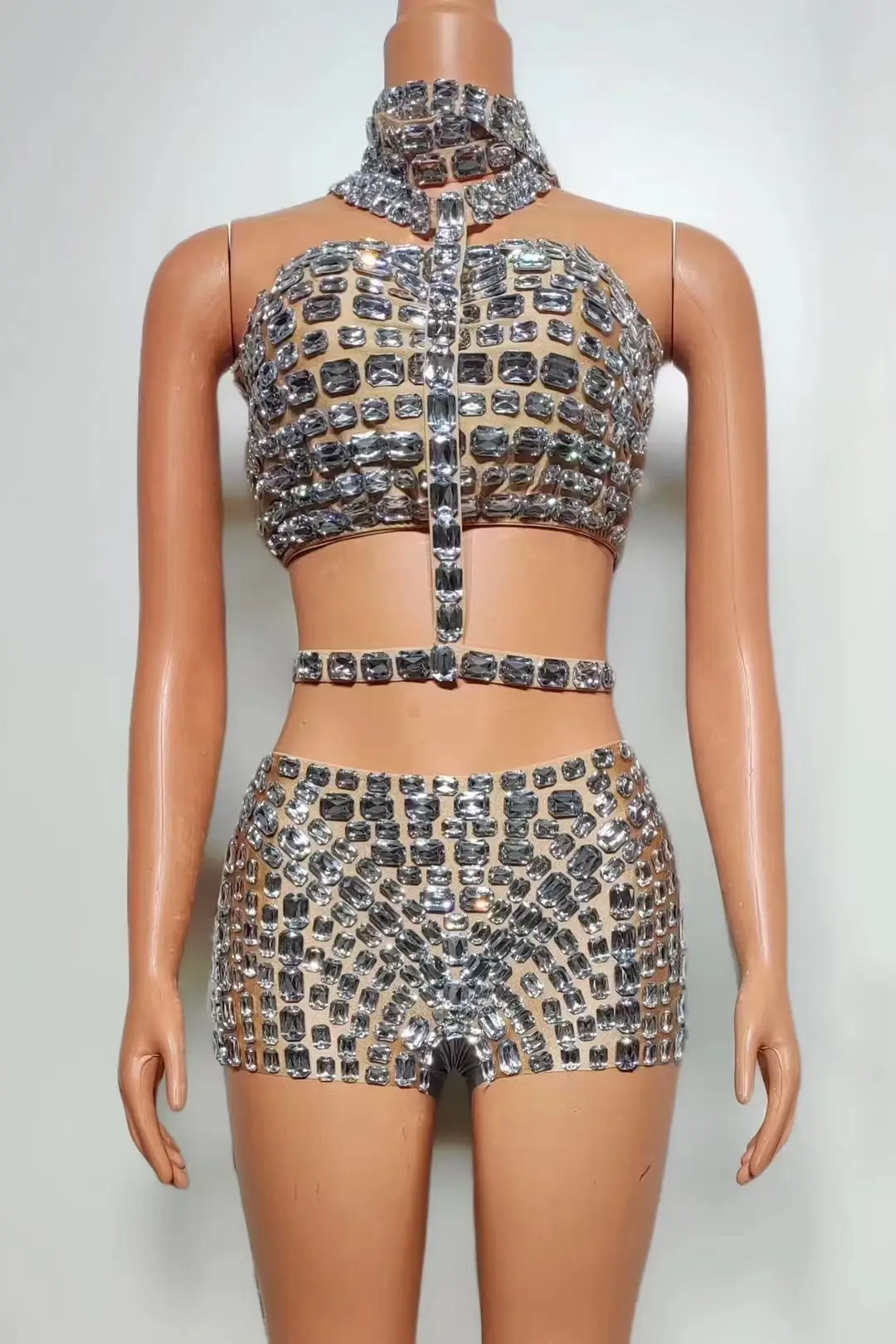 Top con cuello Halter y cristales brillantes para mujer, traje de falda corta, vestido Sexy de noche para fiesta de graduación, cumpleaños, traje de baile, ropa de escenario de actuación