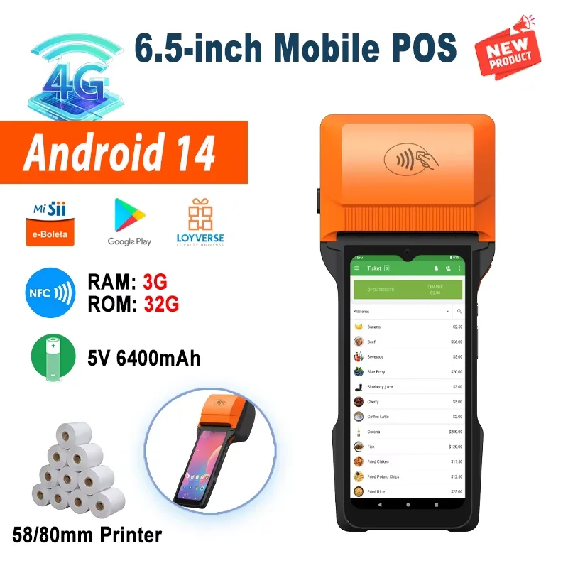 Terminal POS Android 14 de 6,5 pulgadas con impresora Loyverse de 80mm POS de escritorio 4G WIFI BT conexión escáner 2D caja registradora NFC