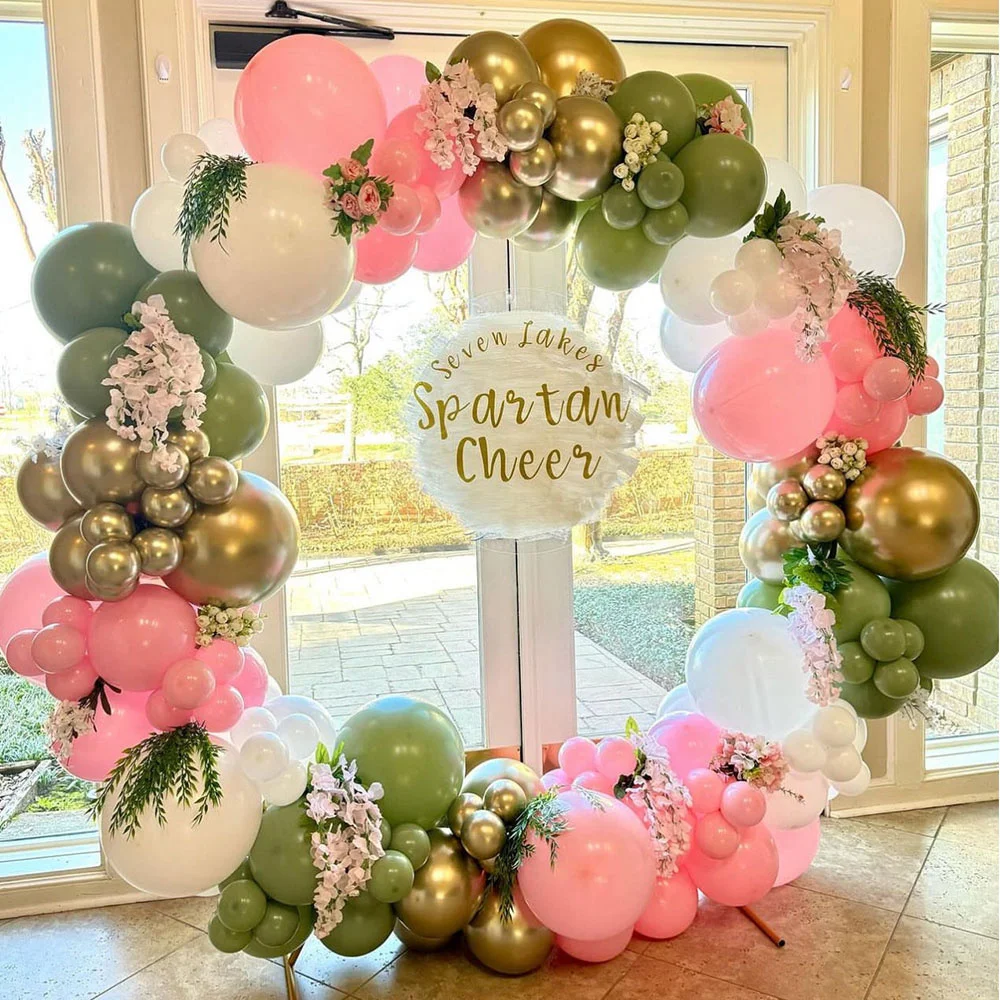 129Pcs Sage Green Pink Balloon Garland Arch Kit White Metallic Latex Balloons for Spring Tea Party Decoration Wedding Supplies