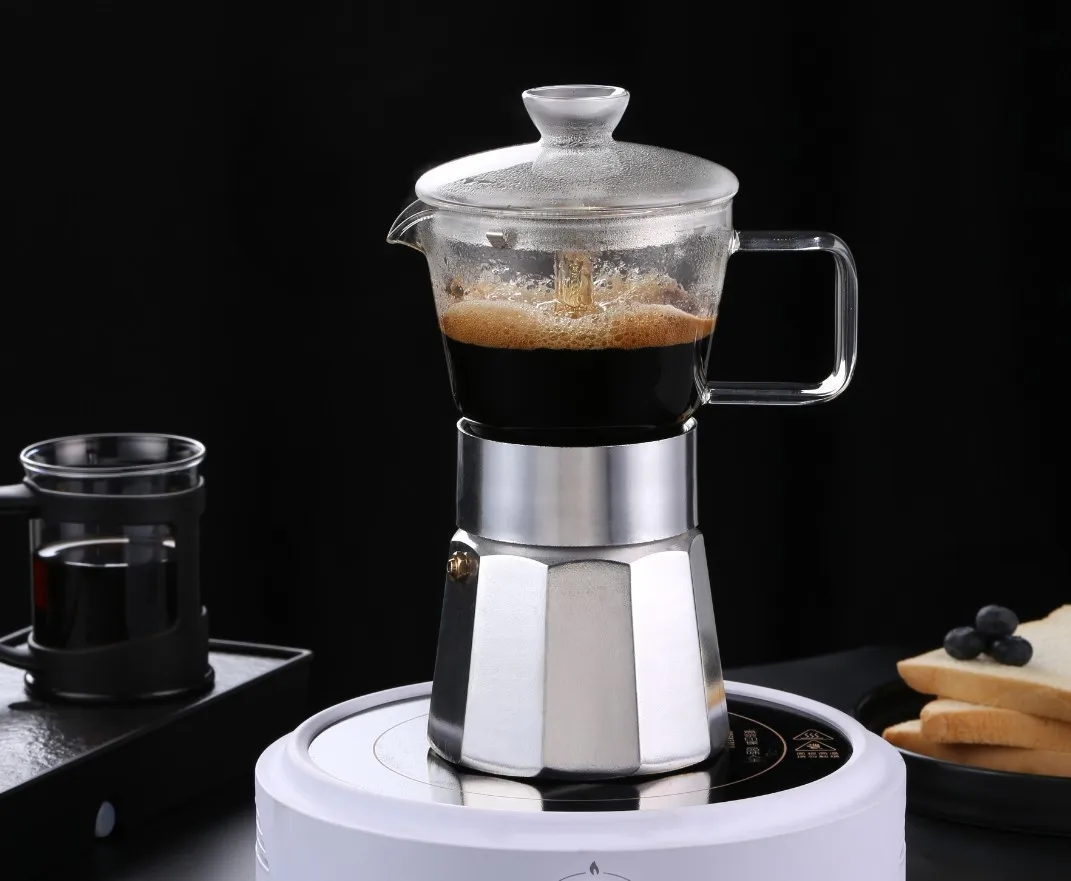

Moka Pot Glass & Aluminum Espresso Maker for Camping Home Travel for Coffee Lovers Italian Stovetop & Induction Compatible