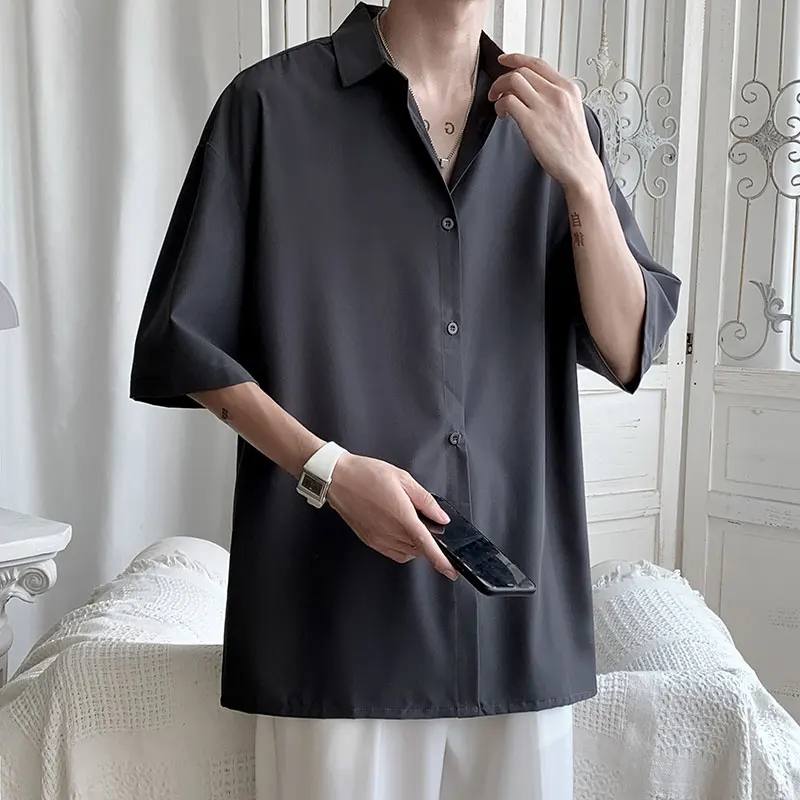 Summer Korean Fashion Drape Shirts for Men Short Sleeve Casual Comfortable Button Up Blouse White Black Gray