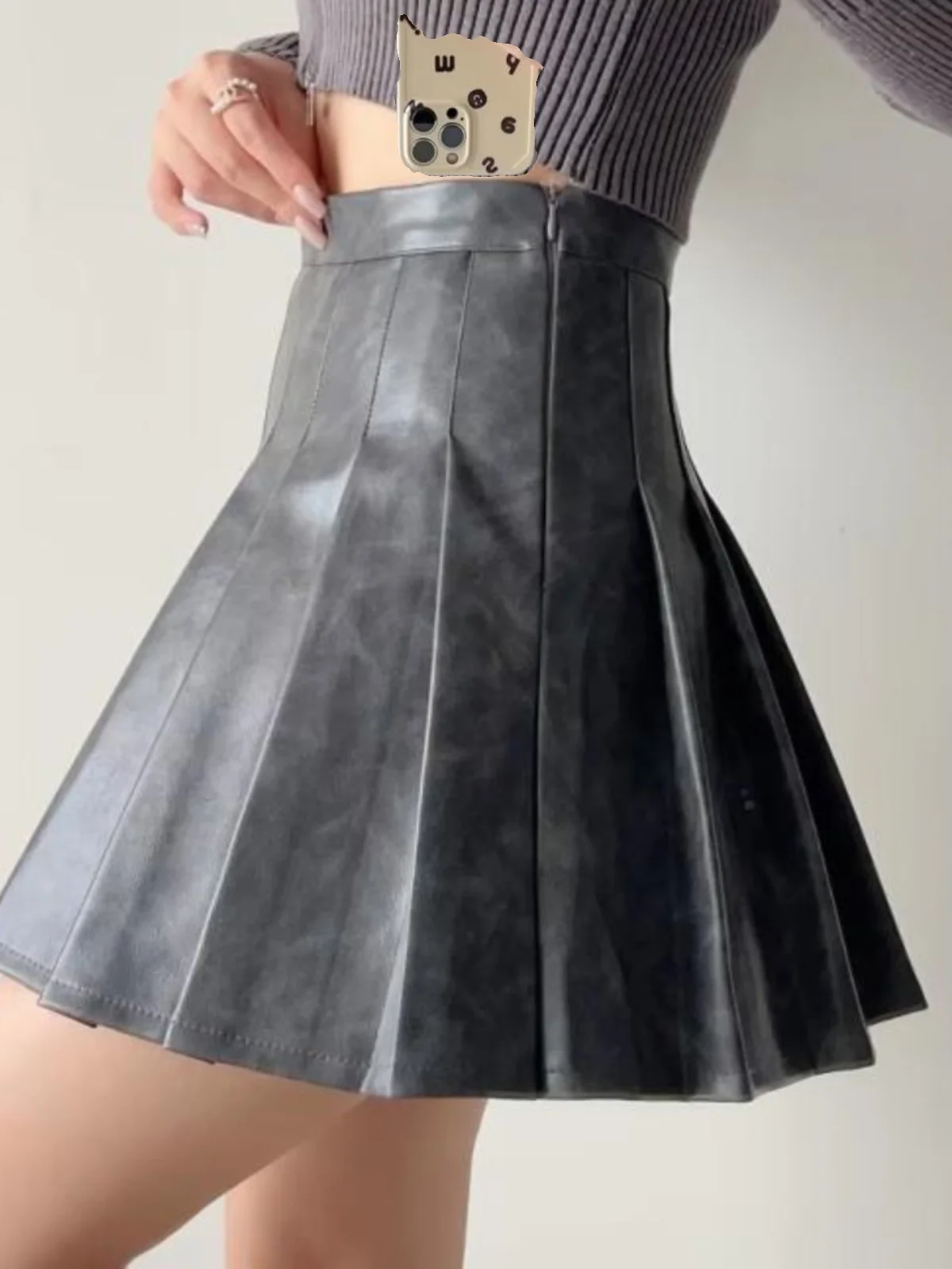 Falda americana Sle de cintura alta para mujer, falda ort de Color que se decolora, de cuero, antiligera, diseño acera, calle Sle