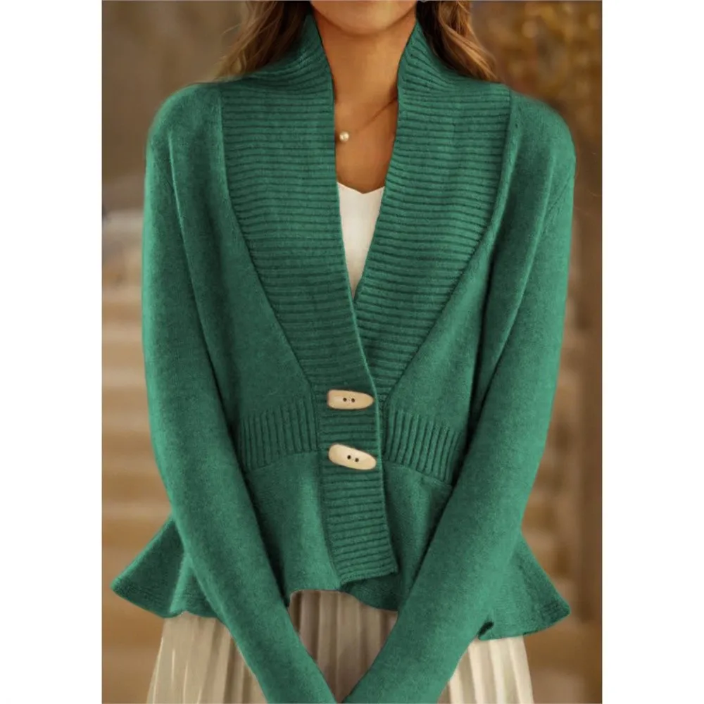 2025 New Autumn Winter Women's Solid Color Retro Knitted Cardigan V-neck Top Elegant Fashion Ruffled Hem Sweater Jacket Female
