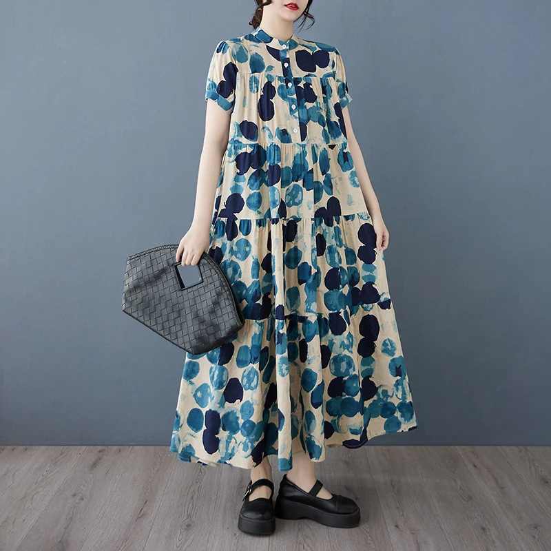 NYFS 2025 Spring Summer New Cotton Linen Woman Dresses Vestidos Robe Ete Femme Elbise Fashion Big Hem Short Sleeve Long Dress