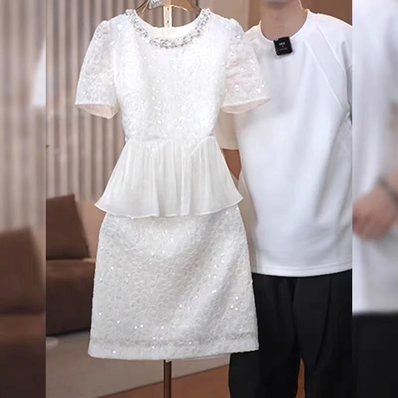 

2026 summer new Korean version sequin dress simple commuting fake two pieces waist short skirt short sleeve