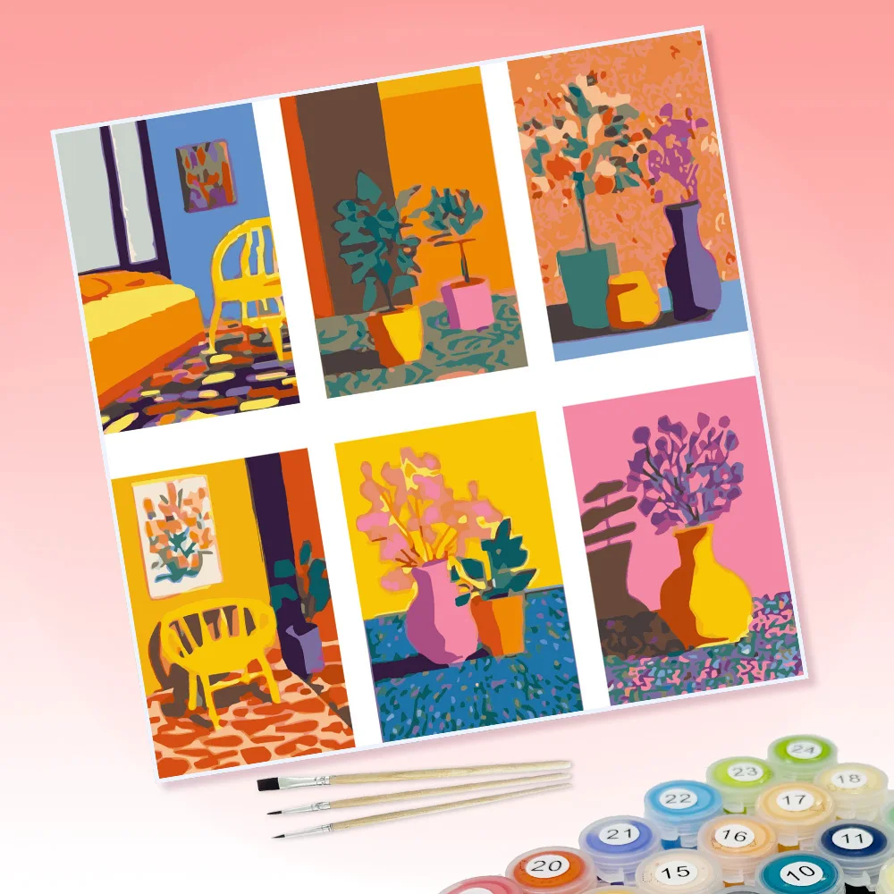 6Pcs Paint Bedroom vase Scenery Home Decor Children's Home Gathering DIY Paint by Numbers for Home Wall Decoration