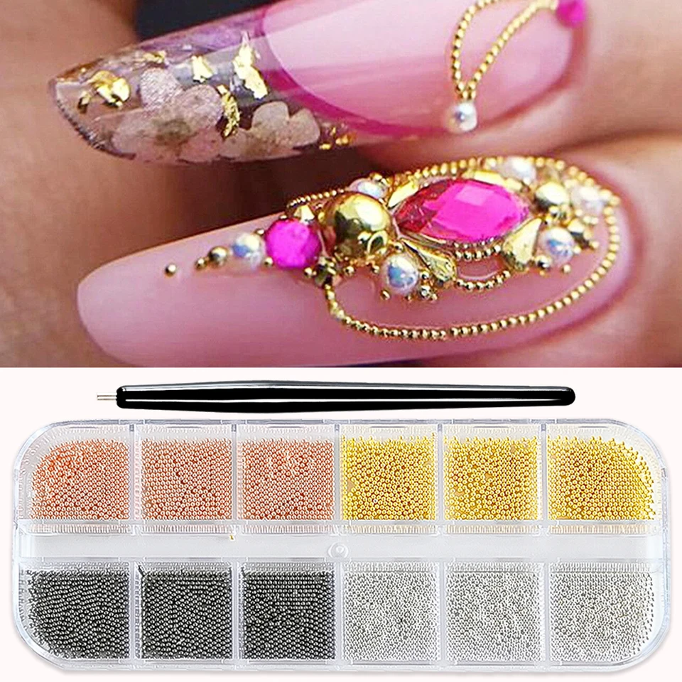 12 compartimentos de cuentas caviar mini doradas/plateadas, decoraciones metálicas de micro bolas con pluma magnética, gemas 3D para uñas 5