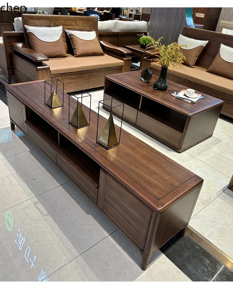 Mesa de centro/TV H5.26 em nogueira preta maciça com gaveta de armazenamento, para apartamentos pequenos, estilo moderno e simples para sala de estar.