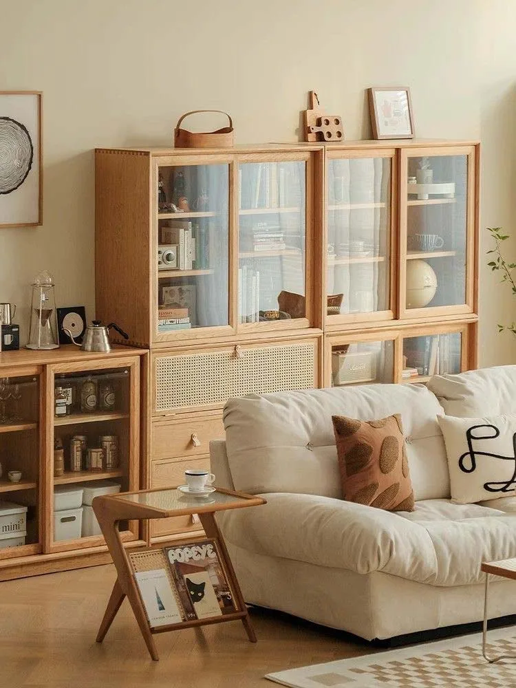 Nordic Massief Houten Boekenkast Combinatie Van Vloer Tot Plafond Woonkamer Locker Eenvoudige Moderne Vitrinekast Wijnkast