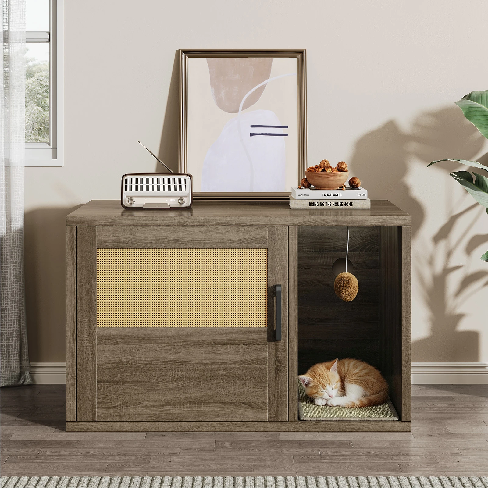 

Cat Litter Box Enclosure Furniture Cabinet Odor Control with Scratching Pad Wooden Cat House Side End Table for Living Room Bedr