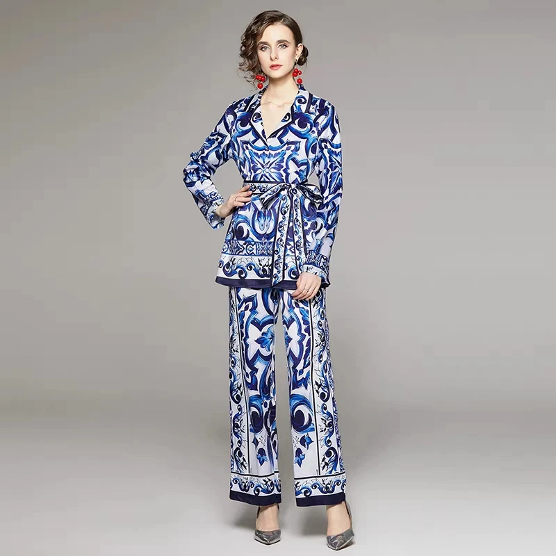 Runway Fashion Single Breasted Blue And White Porcelain Print Blouse+Wide Leg Pants 2 Pieces Set Women Chic Designer Outfits