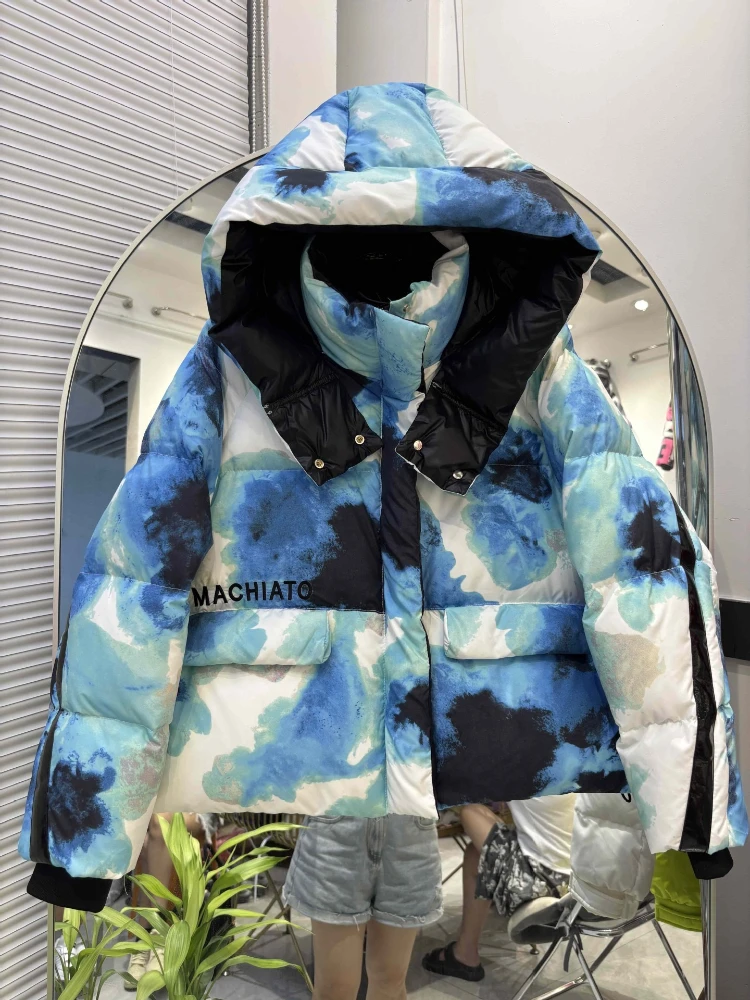 Piumino da strada alla moda Abbigliamento invernale da donna 2025 Nuovo vintage Y2k stampato con cappuccio sciolto piumino d'anatra bianca Abbigliamento esterno