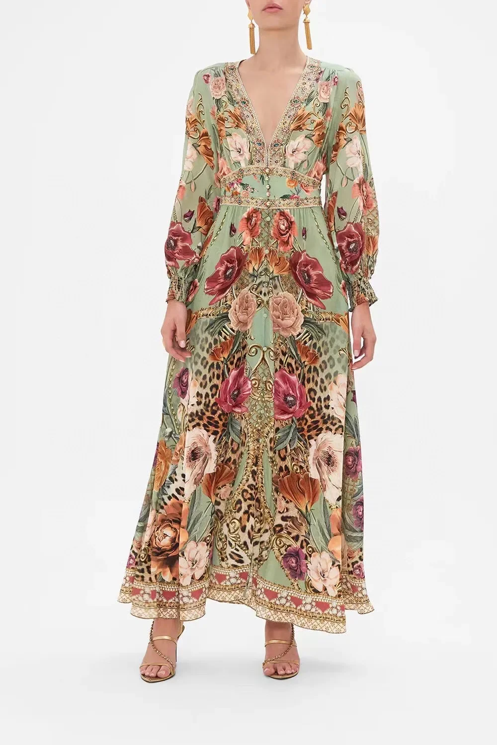 

100% Silk Women V-Neck Vintage Flower Printed Elastic Waist Long Sleeve Buttons Bohemian Style Long Dress