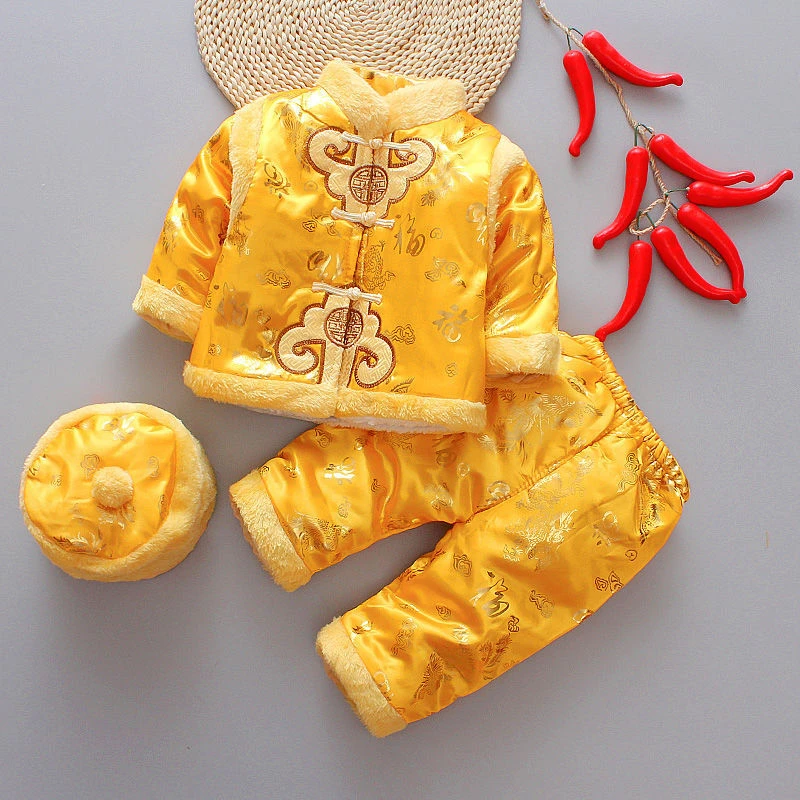 10Colors Baby New Year Tang Suit 3Pcs Chinese Traditional Kids Anniversary Costumes Stain Winter Cotton Boys Girls Warm Hanfu