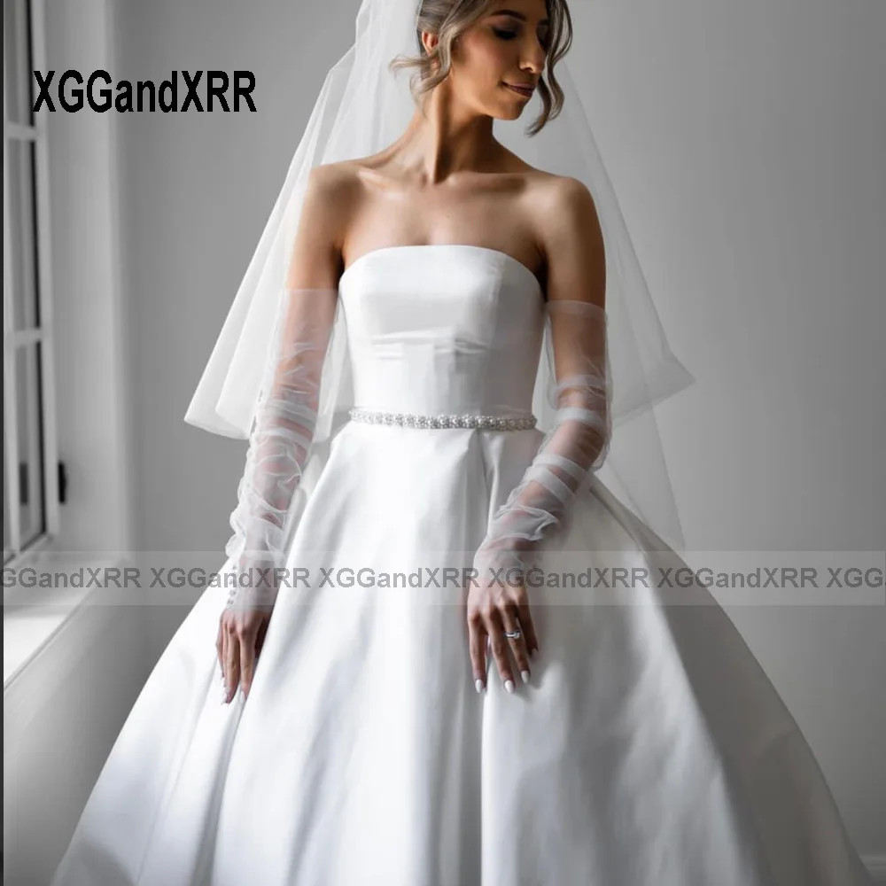 Vestido de novia de satén mate sin tirantes, vestido de novia con Espalda descubierta, Mangas desmontables, blanco, Formal, novedad de 2023