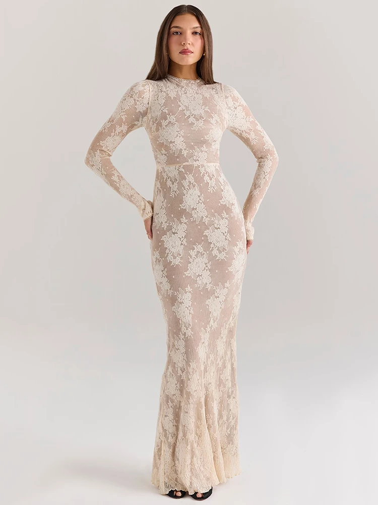 Mozision Lace Print Long Sleeve Sexy Maxi Dress For Women White Zipper Half High Collar Bodycon Fashion Elegant Long Dress image 2