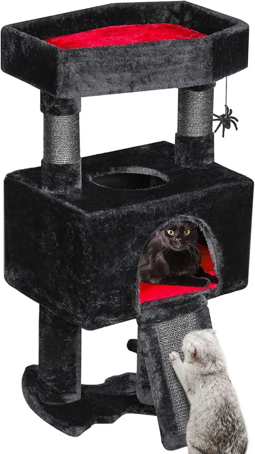 

Gothic Cat Tree Tower with Coffin Bed, Scratching Posts, Spider Toy - Black Red Indoor Play Center for Cats