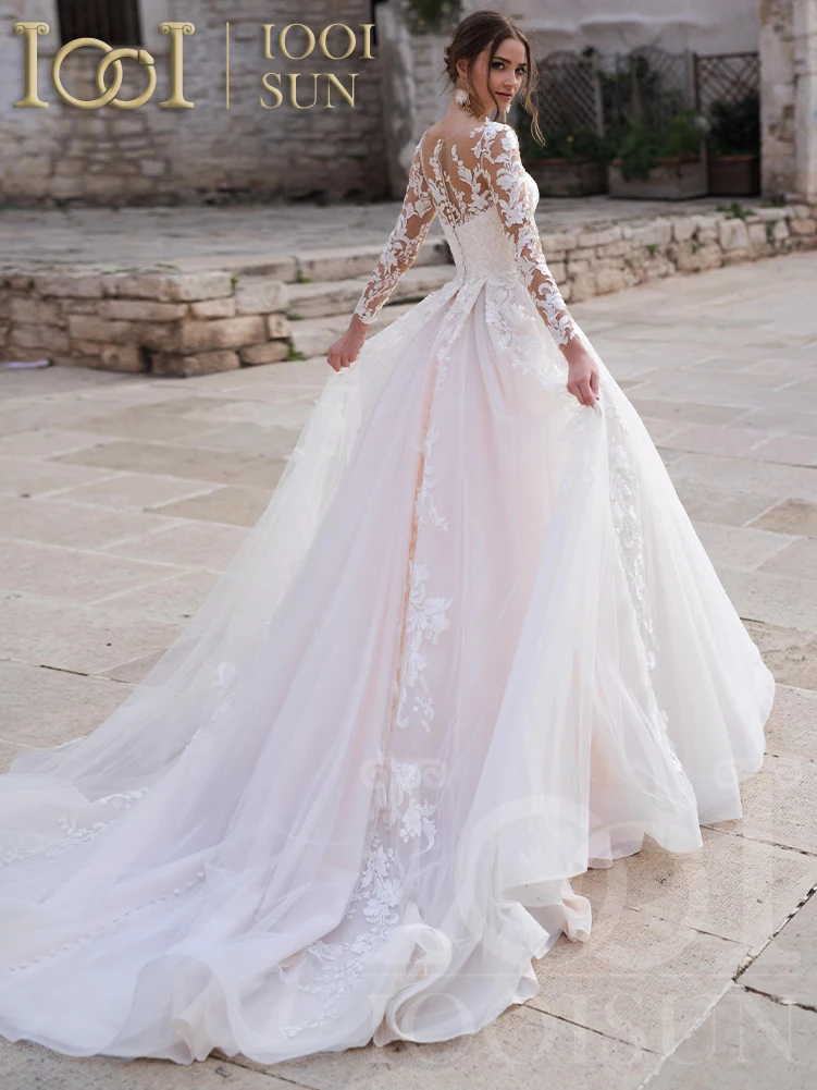 Iwing ISUN-Robe de mariée princesse rose à manches longues, robe de Rh, appliques en dentelle, col rond, bouton, train royal, mariée, quel que soit personnalisé