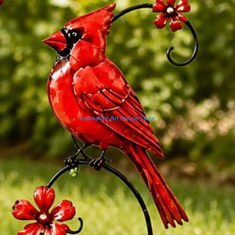 E1PC Front Yard Bird Stakes Set of 4 Piece with Red Yard Design in Metal for Lawn, Soil and Outdoor Garden Display Use Home