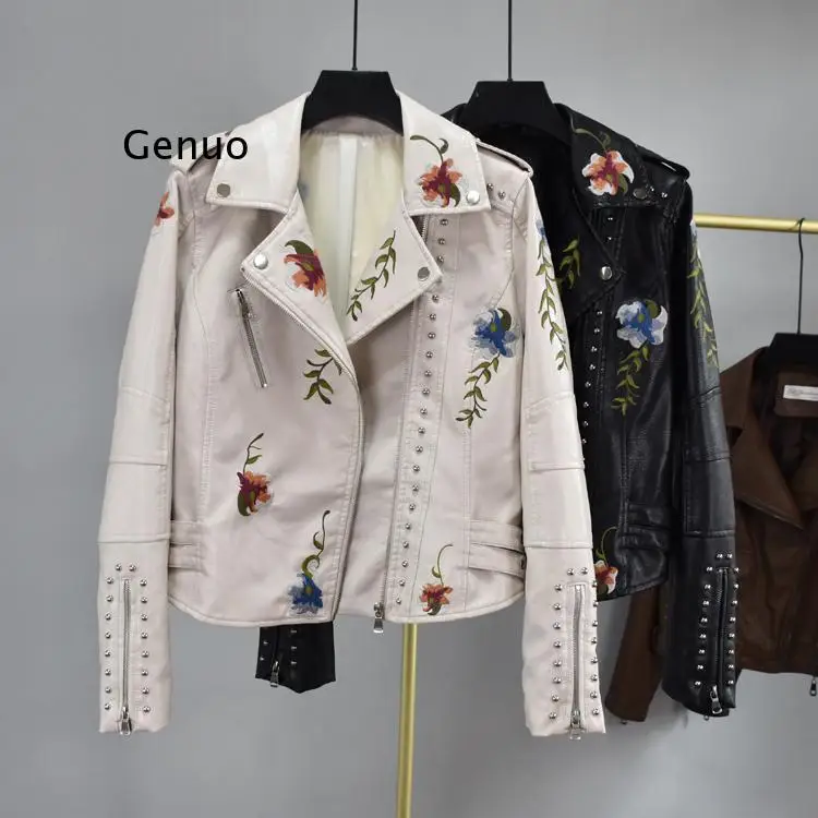 

Autumn Floral Print Embroidery Rivet Faux Soft Leather Jacket Coat Lapel Collar Pu Motorcycle Black Punk Short Outerwea