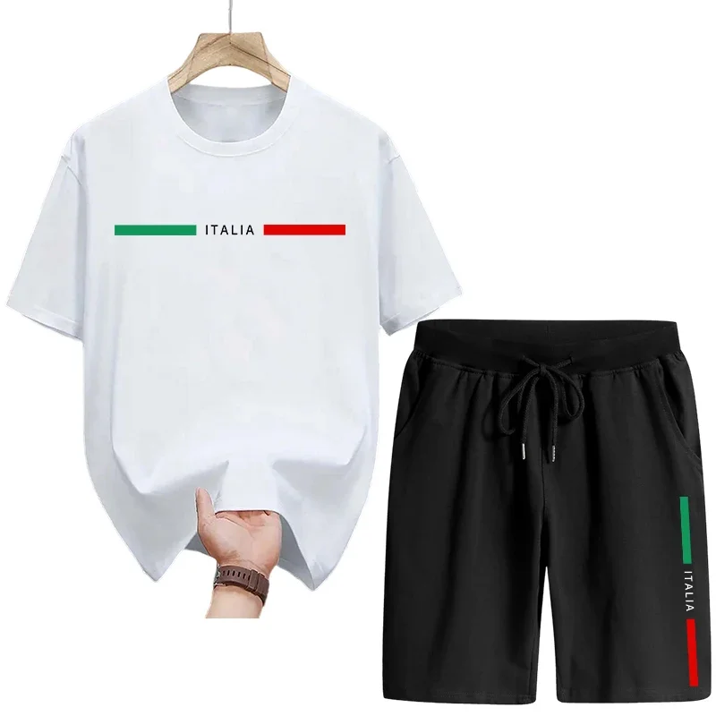 

Мужской спортивный костюм 2026: модный летний комплект из футболки с коротким рукавом из чистого хлопка и шорт-брюк (пятипятка)